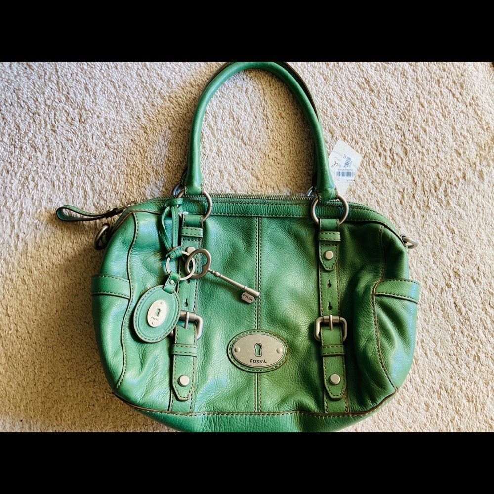 Fossil maddox satchel crossbody green leather top handle bag